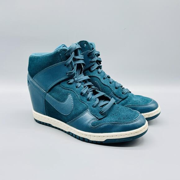 Nike Shoes Womens 9 Blue Suede Leather Dunk Sky Hi Hidden Wedge High Top Sneaker - Picture 2 of 10